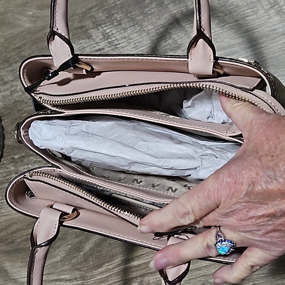 DKNY Logo Satchel Beige Pink Top Handle Crossbody NWT - Picture 6 of 6